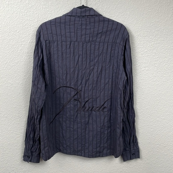 New Rhude Striped Cotton Shirt Button Front Gray Slate Embroidered Logo Mens M - Picture 5 of 16